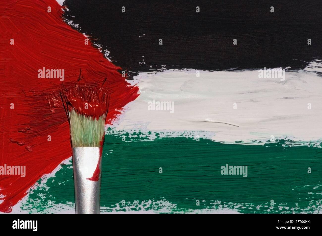 Pennello di bandiera Palestina su un foglio per sfondo e sfondo, selezionato fuoco. Foto Stock