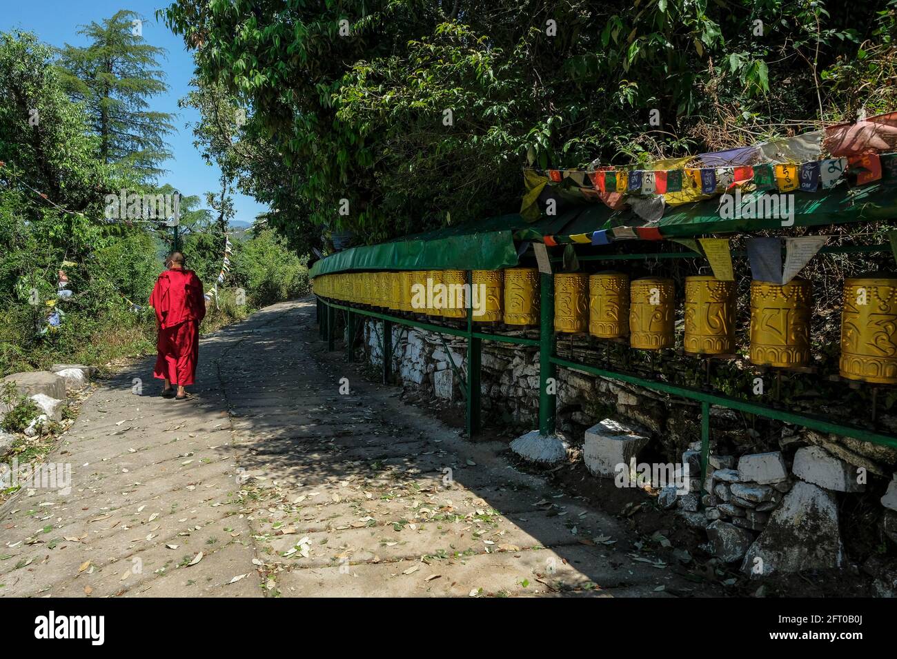 McLeod Ganj, India - 2021 maggio: Un monaco buddista che cammina intorno al complesso di Tsuglagkhang il 21 maggio 2021 a Dharamshala, Himachal Pradesh, India. Foto Stock