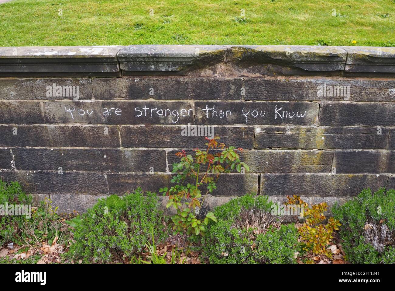 Garden Wall in Keele Hall Grounds con la citazione 'voi sono più forti di quanto tu sappia calato su di esso Foto Stock