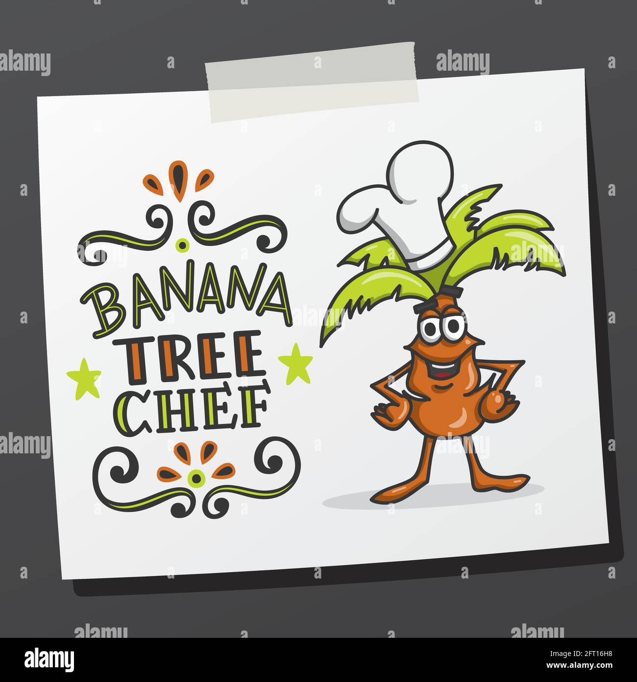 Scritta a mano frase banana tree chef su nota appiccicosa. Cartone animato disegnato a mano dallo chef. Illustrazione della stampa vettoriale Illustrazione Vettoriale