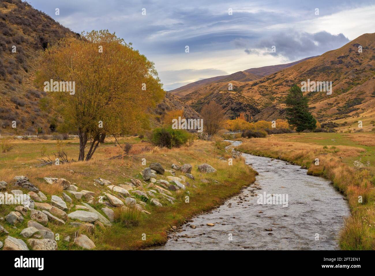 Il fiume Cardrona, in Nuova Zelanda, scorre attraverso il paesaggio montuoso della Valle di Cardrona in autunno Foto Stock