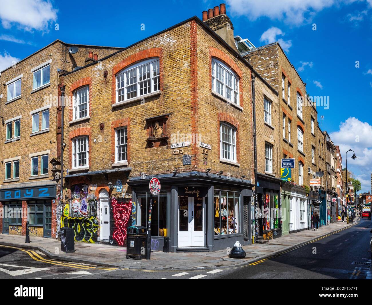 Brick Lane London E1 - angolo tra Brick Lane e Sclater Street a Shoreditch East London. Foto Stock