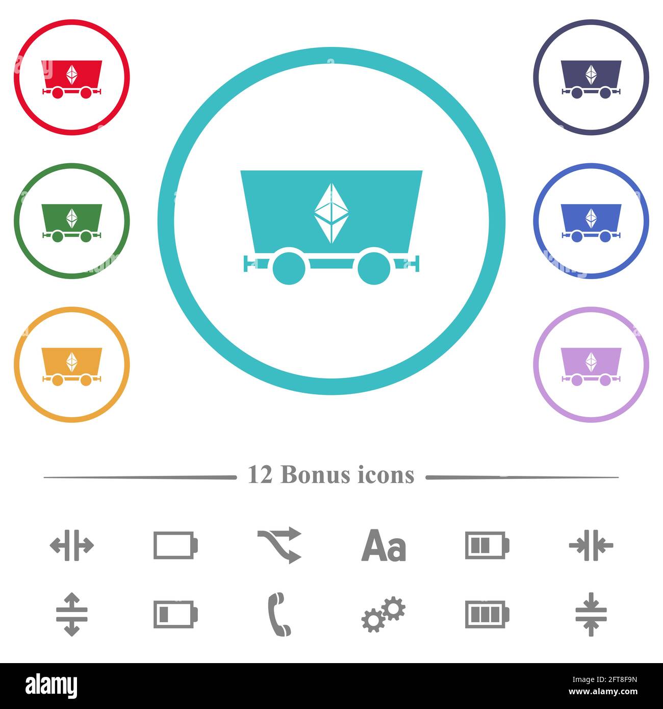 Icone di colore piatto in forma di cerchio per estrazione a criptovaluta classica di Ethereum. 12 icone bonus incluse. Illustrazione Vettoriale