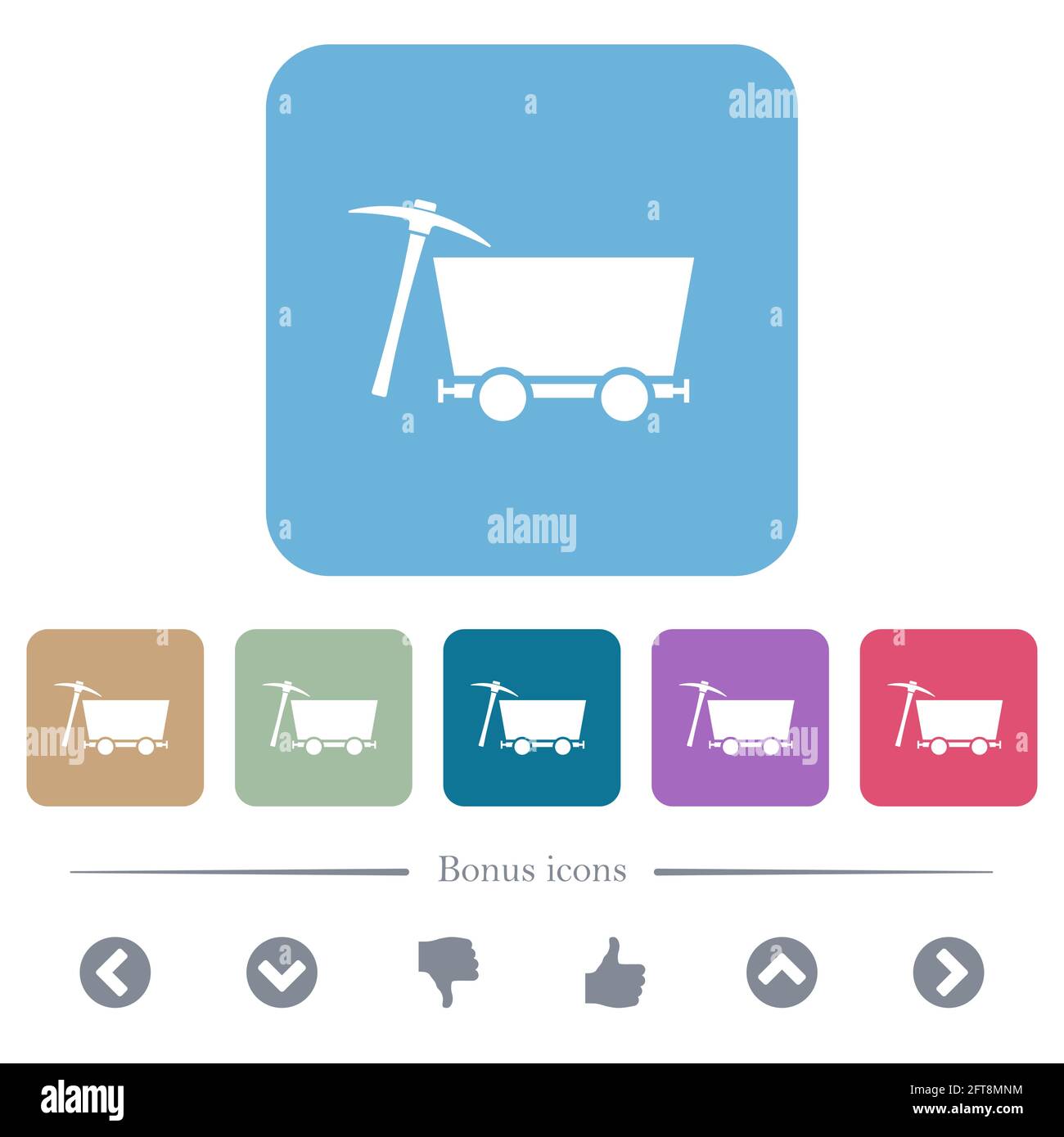 Pickaxe e il mio carrello bianco icone piatte su sfondi quadrati arrotondati di colore. 6 icone bonus incluse Illustrazione Vettoriale