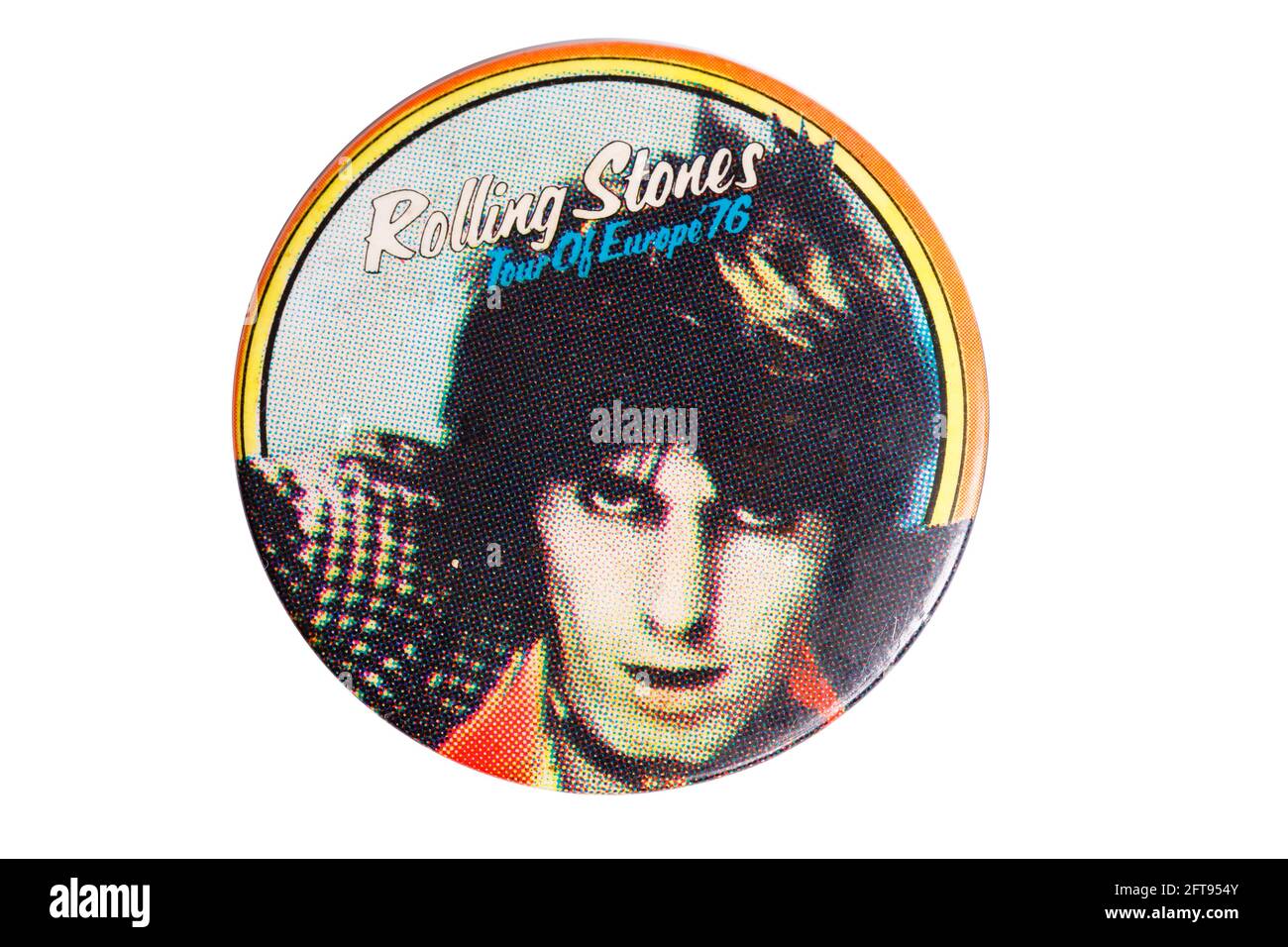 Raro Rolling Stones 'Tour of Europe 76' distintivo del memento Tour, che mostra Keith Richards. Foto Stock