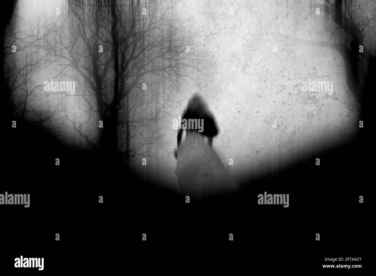 Una donna fantasma sfocata e fuori fuoco che indossa un abito bianco, allontanandosi dalla fotocamera. In un giorno d'inverno in campagna. Con un oscuro, moody ed Foto Stock