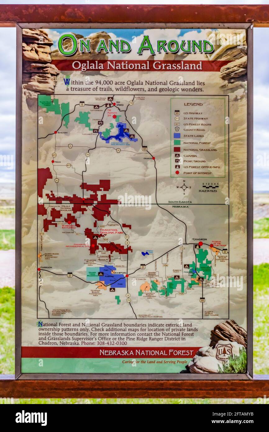 Segno interpretativo nel Toadstool Geologic Park, Oglala National Grassland, Nebraska, USA [nessuna versione di copyright; disponibile solo per licenze editoriali] Foto Stock