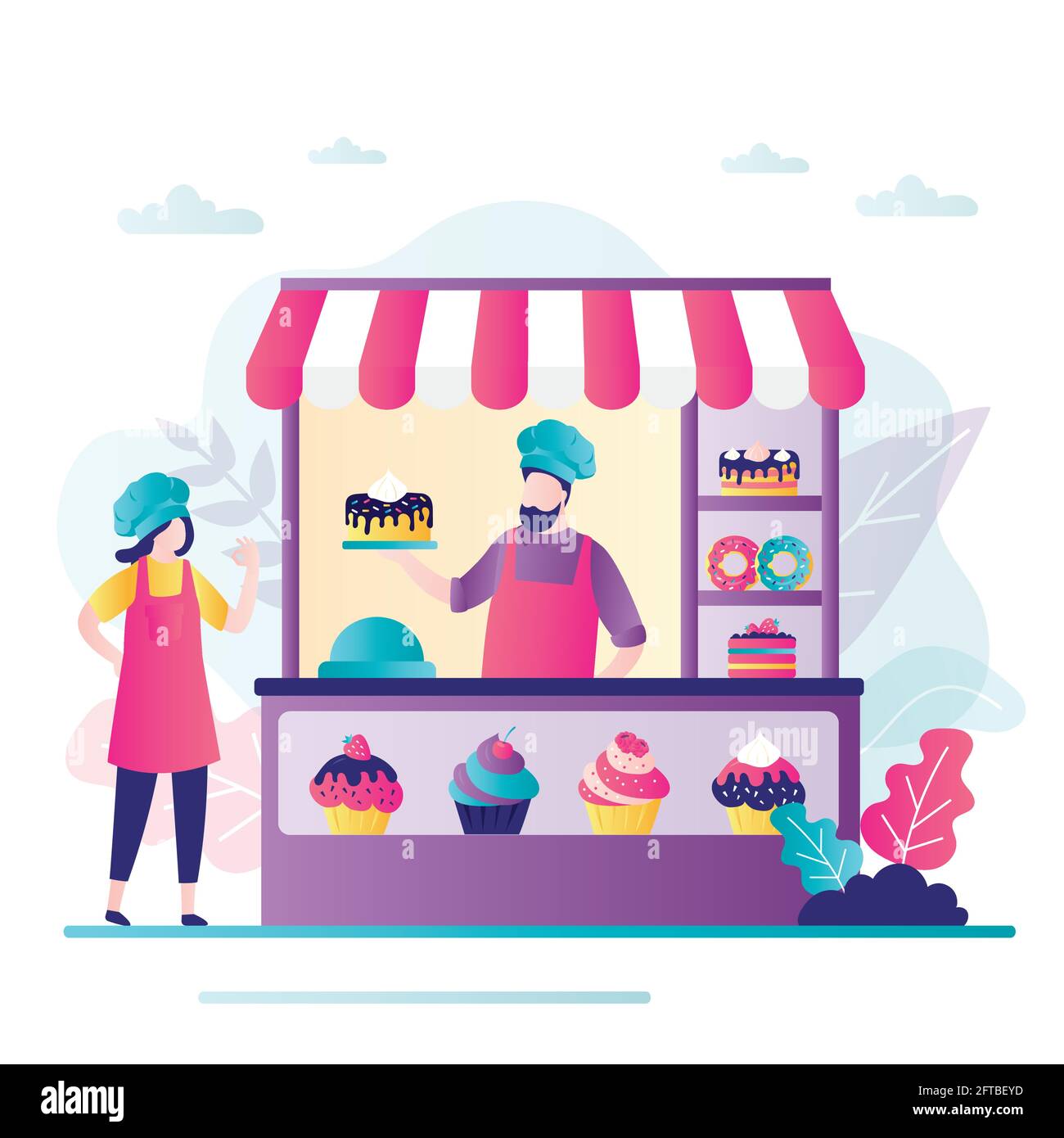 Uomo d'affari vende pasticceria in piccolo negozio. Chef pasticceria professionale in uniforme. Concetto di attività dolciaria e produzione dolciaria. St. Locale Illustrazione Vettoriale