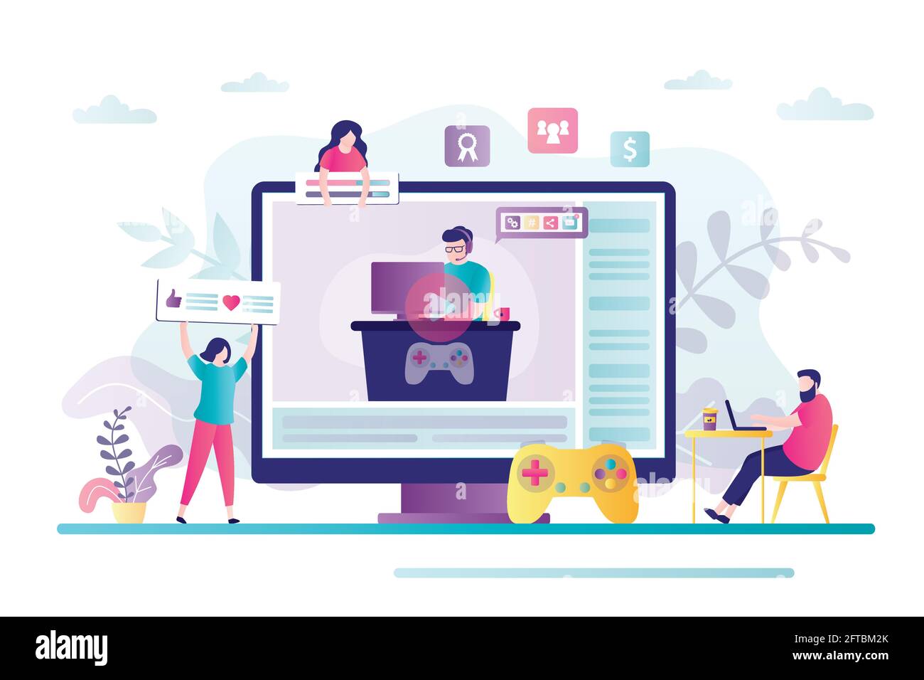 Streaming di giochi sul display. Il giocatore maschile gioca e commenta il processo di gioco. Streaming di Cyber Sport, contenuti video popolari. Gruppo di spettatori a guardare e rev Illustrazione Vettoriale