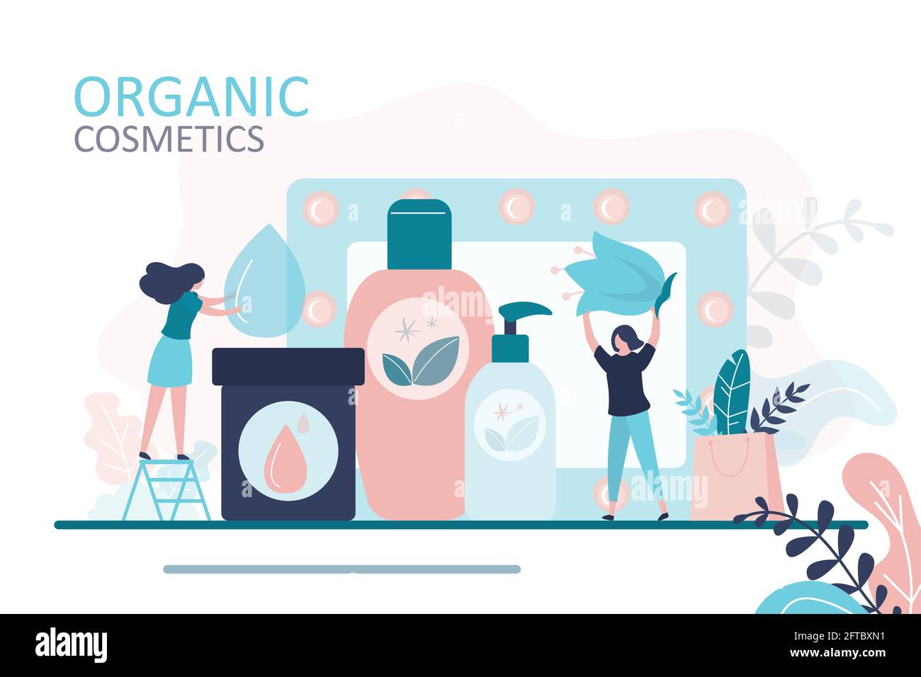 Persone che fanno cosmetici biologici da prodotti ecologici. Il carattere femminile aggiunge ingredienti naturali. Grande specchio sullo sfondo. Concetto di Illustrazione Vettoriale