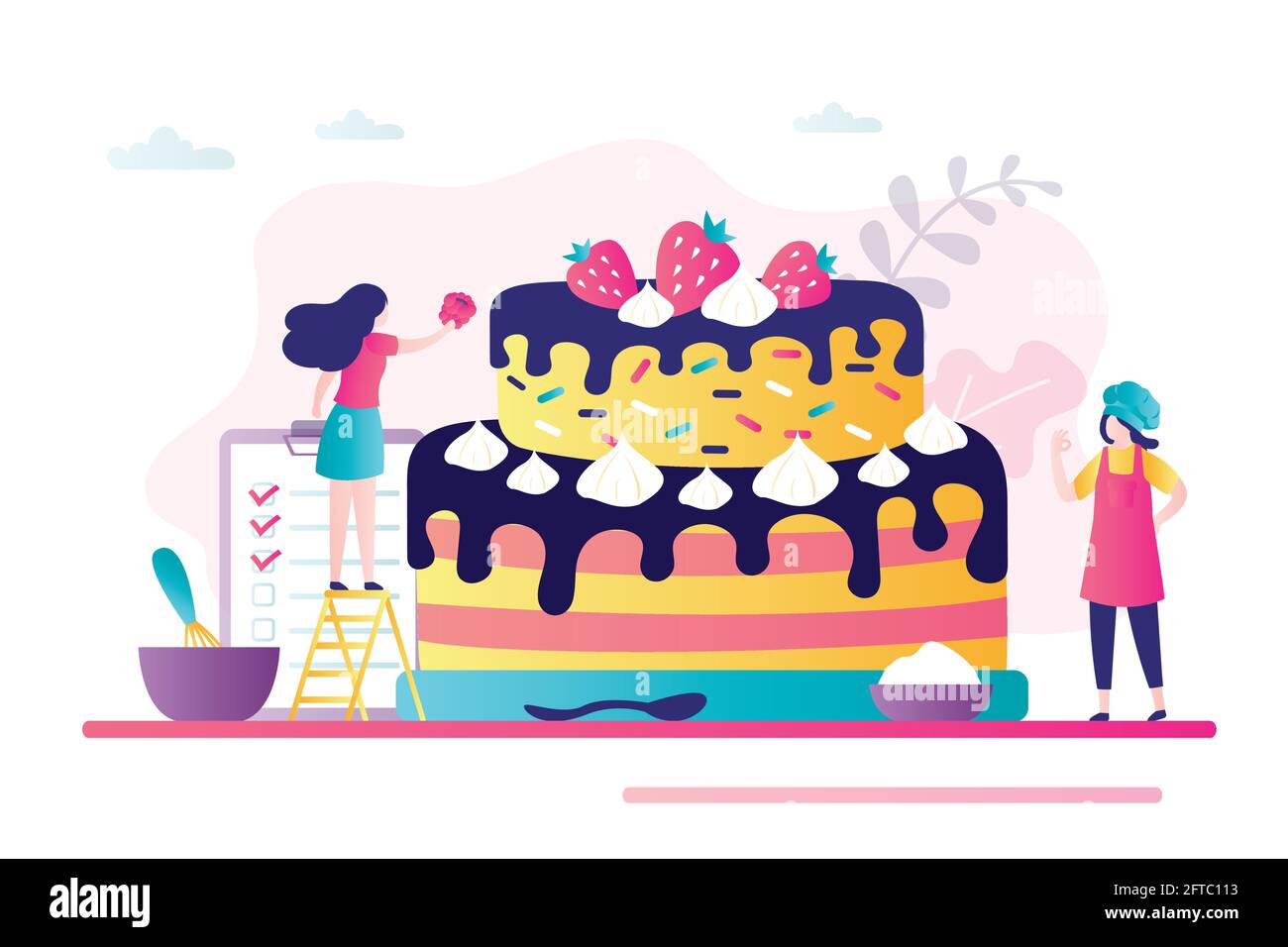 Chef pasticceria decorato con frutti di bosco grande torta. Personaggi femminili impegnati in attività dolciarie. Concetto di produzione di dolci, utensili per pasticceria e. Illustrazione Vettoriale