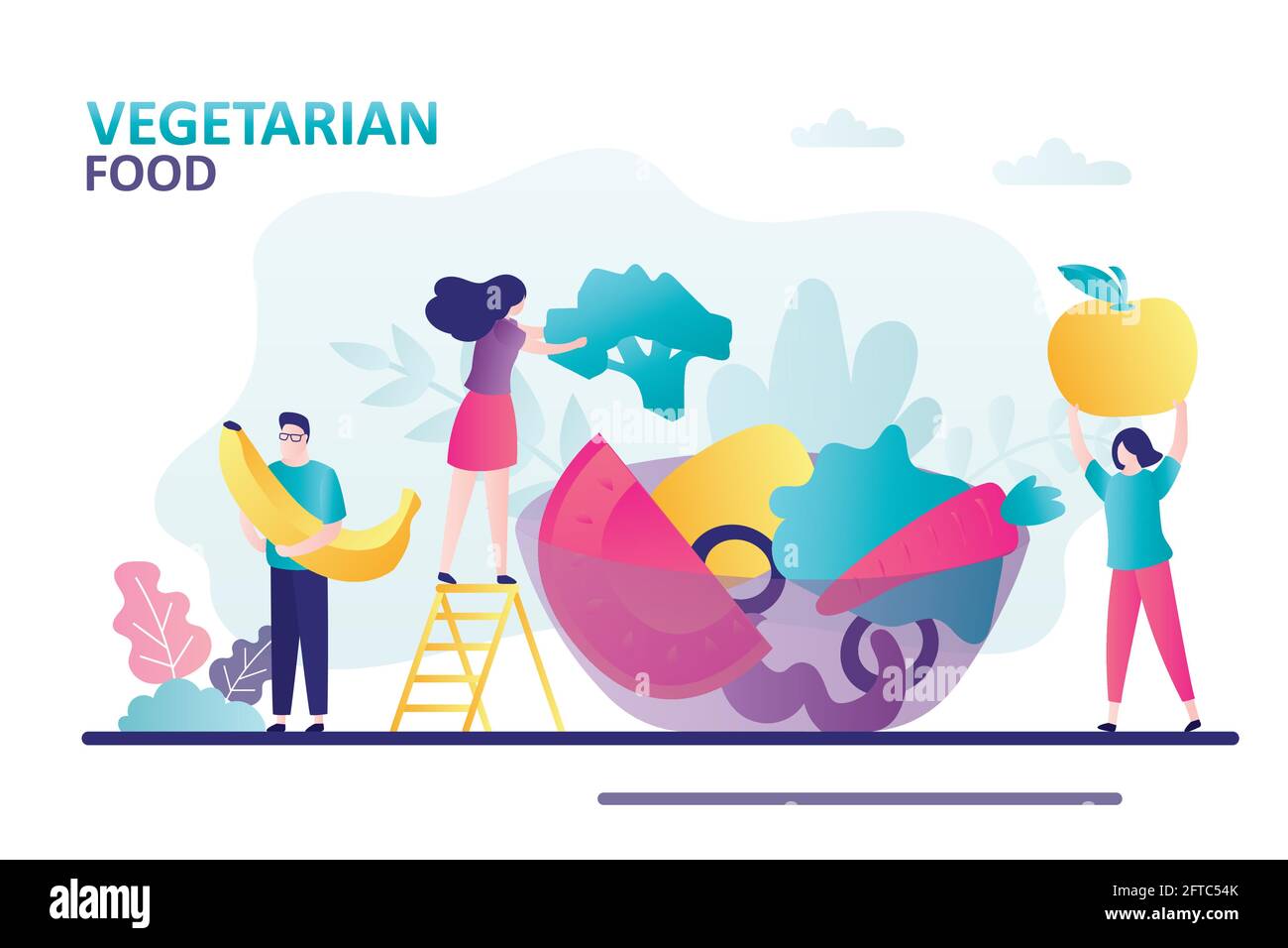 La gente mangia cibo vegetariano. Piatto grande con verdure fresche e frutta. Concetto di stile di vita sano e cibo biologico. Il carattere maschio contiene banana. Illustrazione Vettoriale