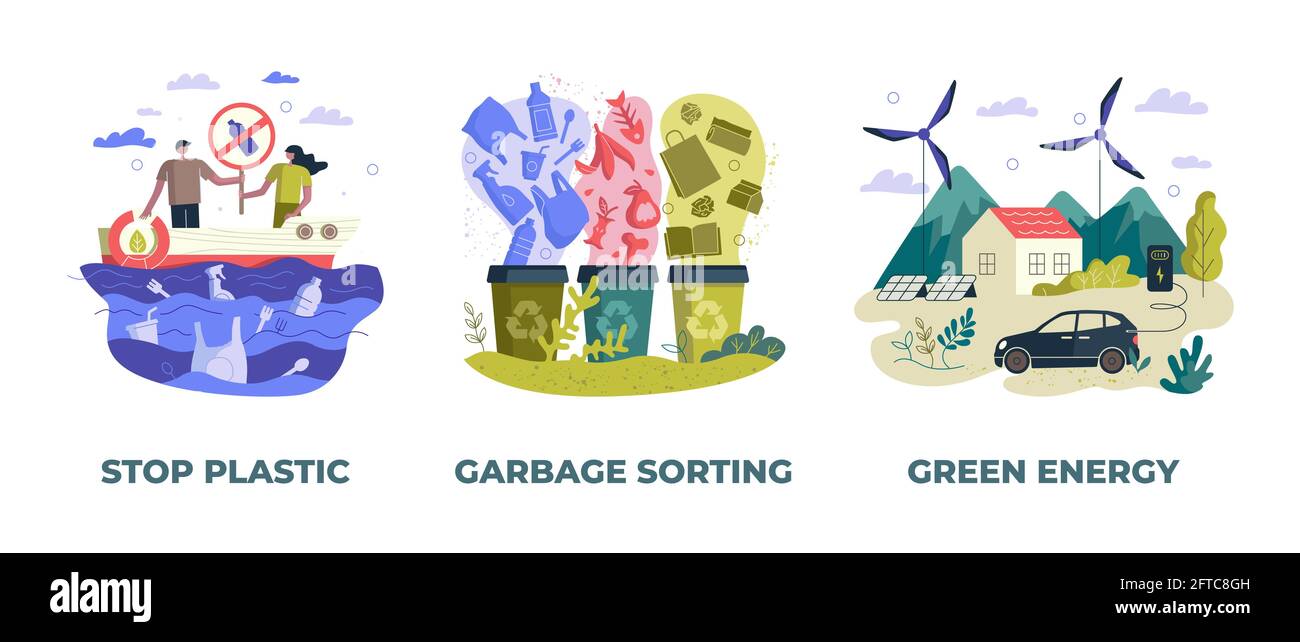 Salva pianeta Terra concetto ecologico vettore illustrazione set. Gestione della conservazione dell'ambiente. Fermare l'inquinamento da plastica, separare la raccolta rifiuti, striscioni ecologici per l'energia verde. Ecologia pulita Illustrazione Vettoriale