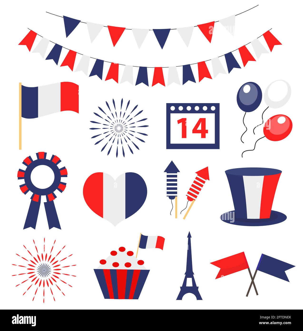 Giornata della Bastiglia, set di icone nazionali delle festività francesi. Illustrazione vettoriale Illustrazione Vettoriale