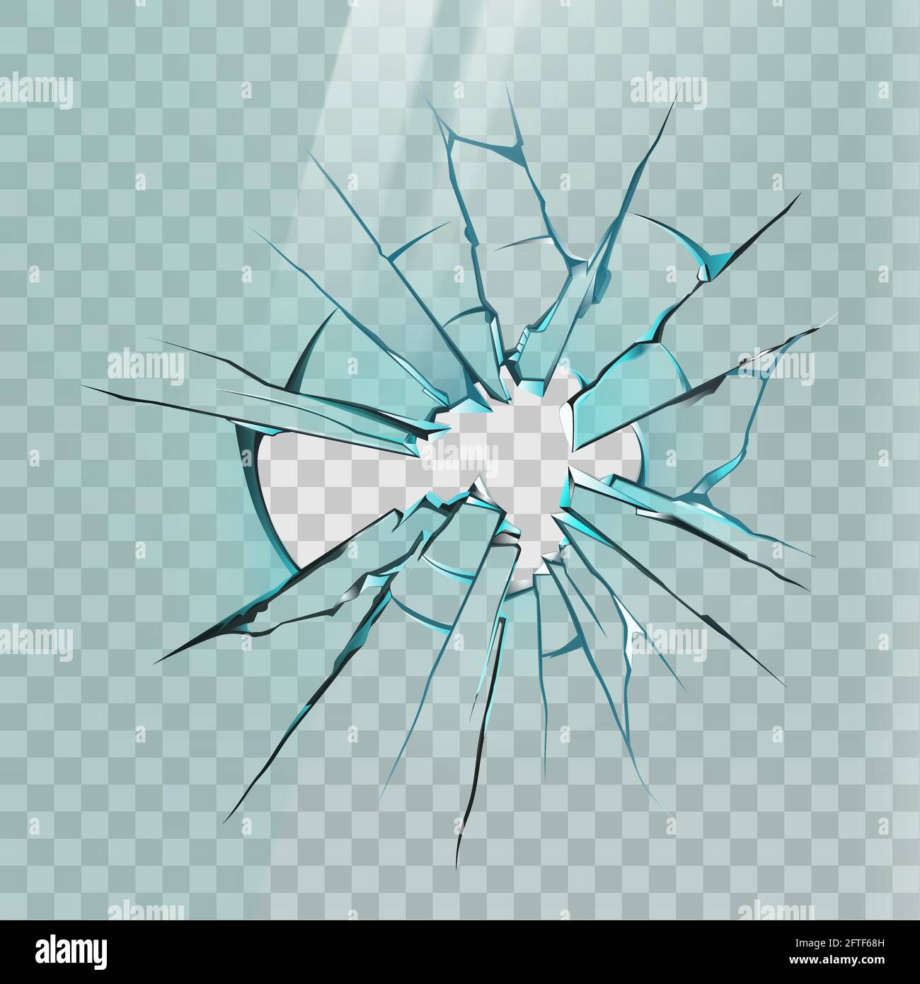 Vetro rotto. Crepa realistica su finestra, ghiaccio o specchio con shards affilati e foro. Effetto schermo schiacciato, mockup vettoriale parete in vetro frantumato Illustrazione Vettoriale