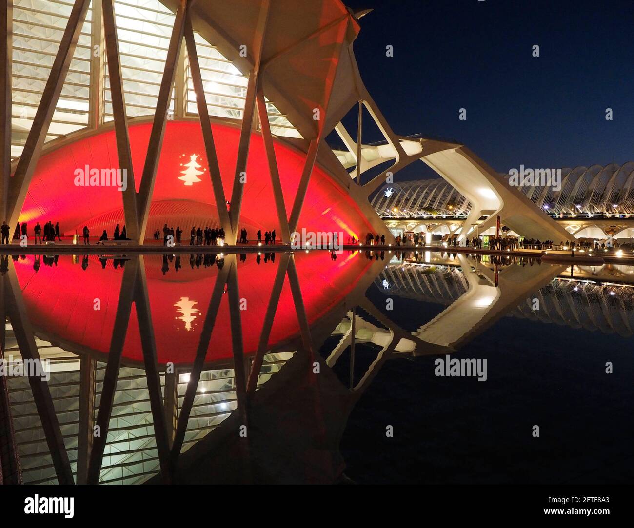 Valencia, Spagna. Dicembre 2016. Immagine notturna degli edifici dell'Emisfero e del Museo della Scienza, opera degli architetti Santiago Calatrava Foto Stock