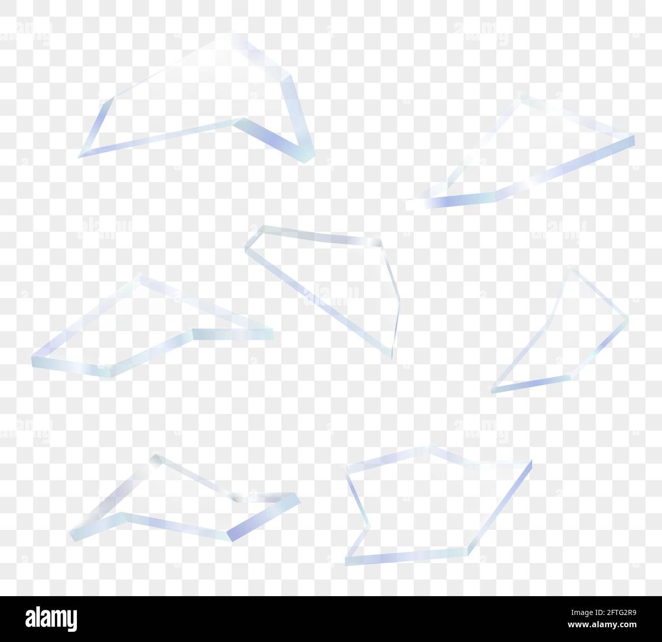 Frammenti di pezzi di vetro affilati rotti con trasparenza. Elementi di rottura vettoriale. Illustrazione Vettoriale