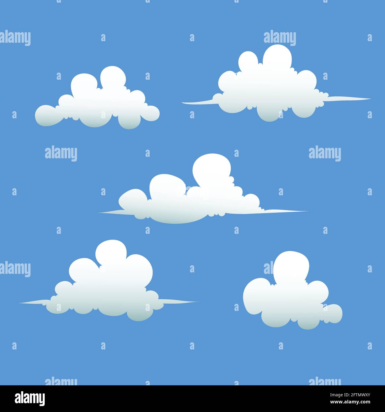 Nuvole su sfondo blu. Illustrazione vettoriale di nuvole bianche di forme diverse Illustrazione Vettoriale