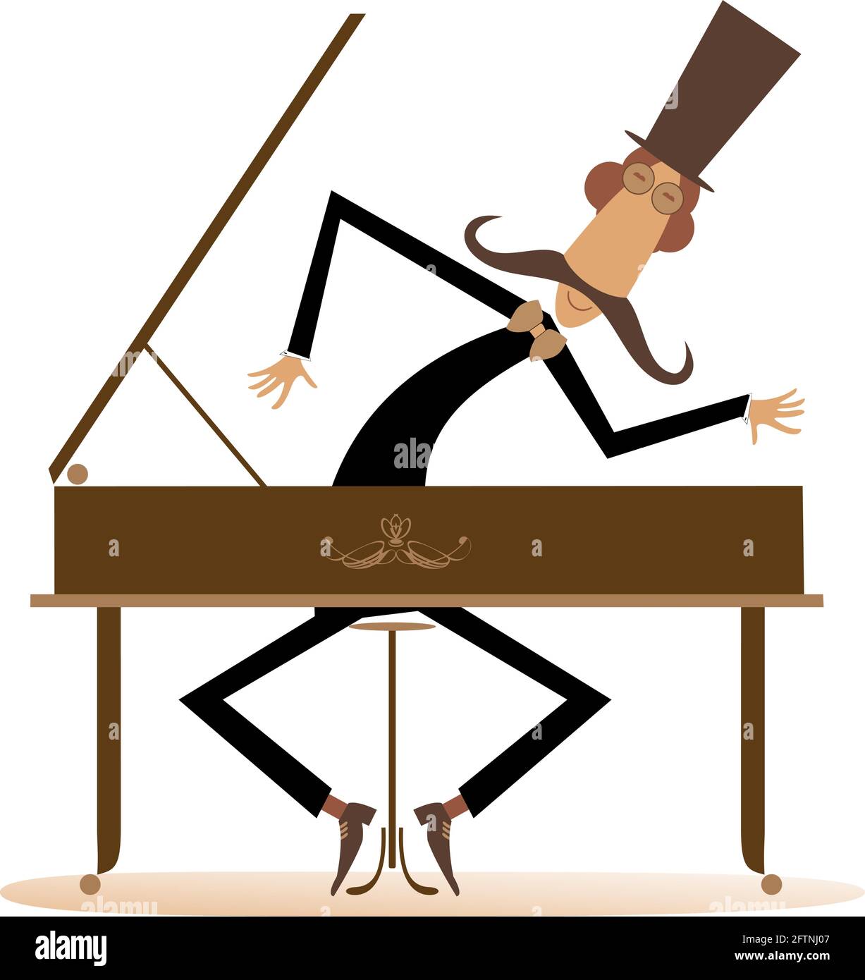 Cartoon lungo baffi pianista illustrazione. Lungo baffi pianista o compositore nel cappello suona musica su pianoforte isolato su bianco Illustrazione Vettoriale