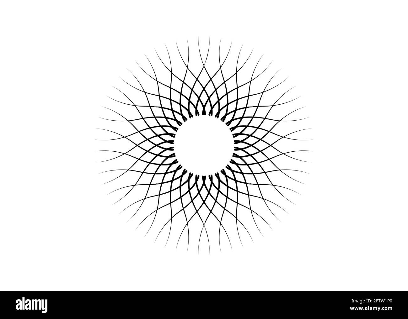 Icona del logo del sole concetto di segno sunburst, raggi radiali, i ntertwining di linee ondulate, simbolo nero riempito, concetto di luce solare, vettore di segno tatuaggio isolato Illustrazione Vettoriale