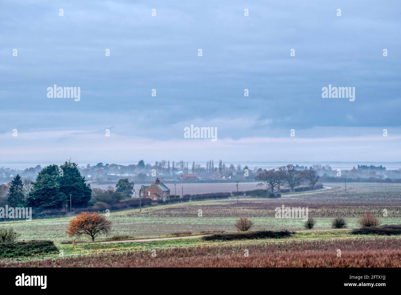 Vista mattutina del primo inverno della strada che scende verso le rive del Wash a Snettisham, Norfolk occidentale. Foto Stock