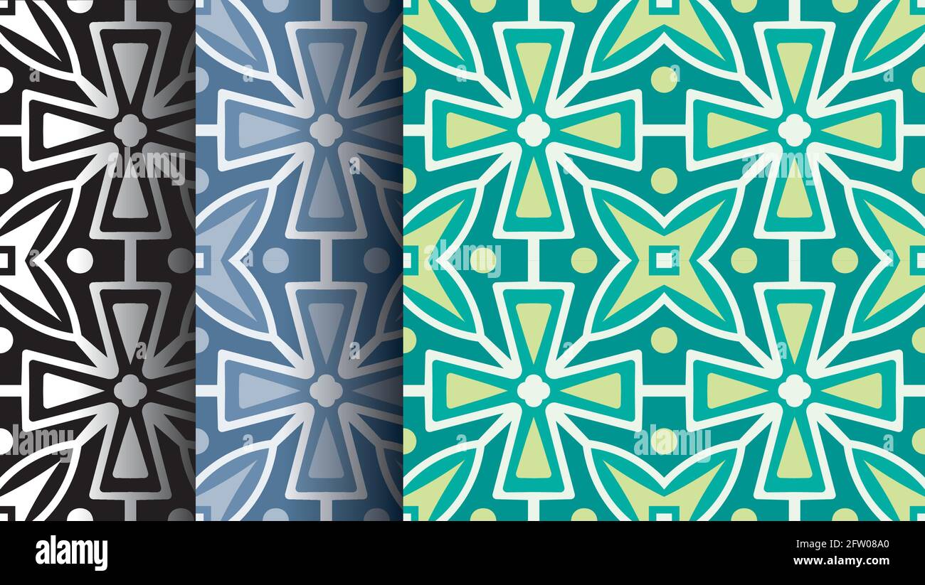 Collezione di motivi geometrici senza cuciture in tonalità blu pastello, verde e nero e bianco. Illustrazione della stampa vettoriale Illustrazione Vettoriale