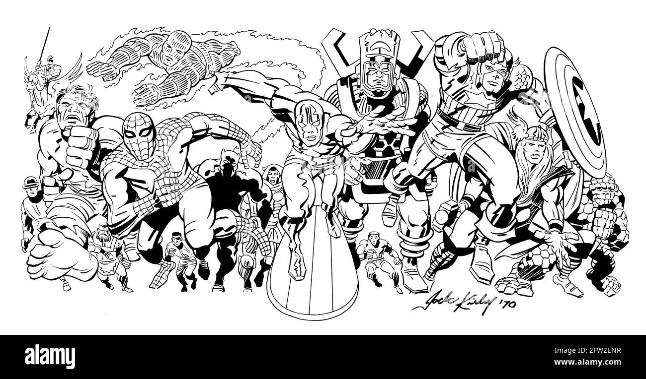 Supereroi - disegno di Jack Kirby 1970 - fumetti di Marvel - uomo ragno, surfer d'argento, doom dr, capitano america, fantastico 4, hulk, thor Foto Stock