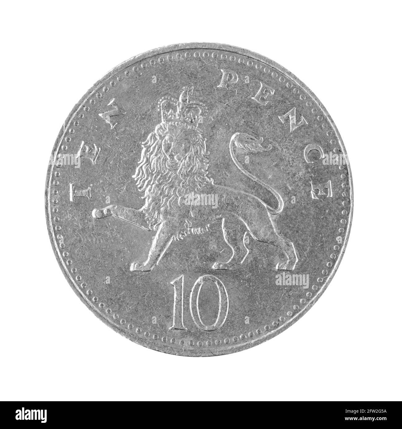 Dieci 10 penny pence moneta Gran Bretagna 1992 denaro isolato su sfondo bianco Foto Stock