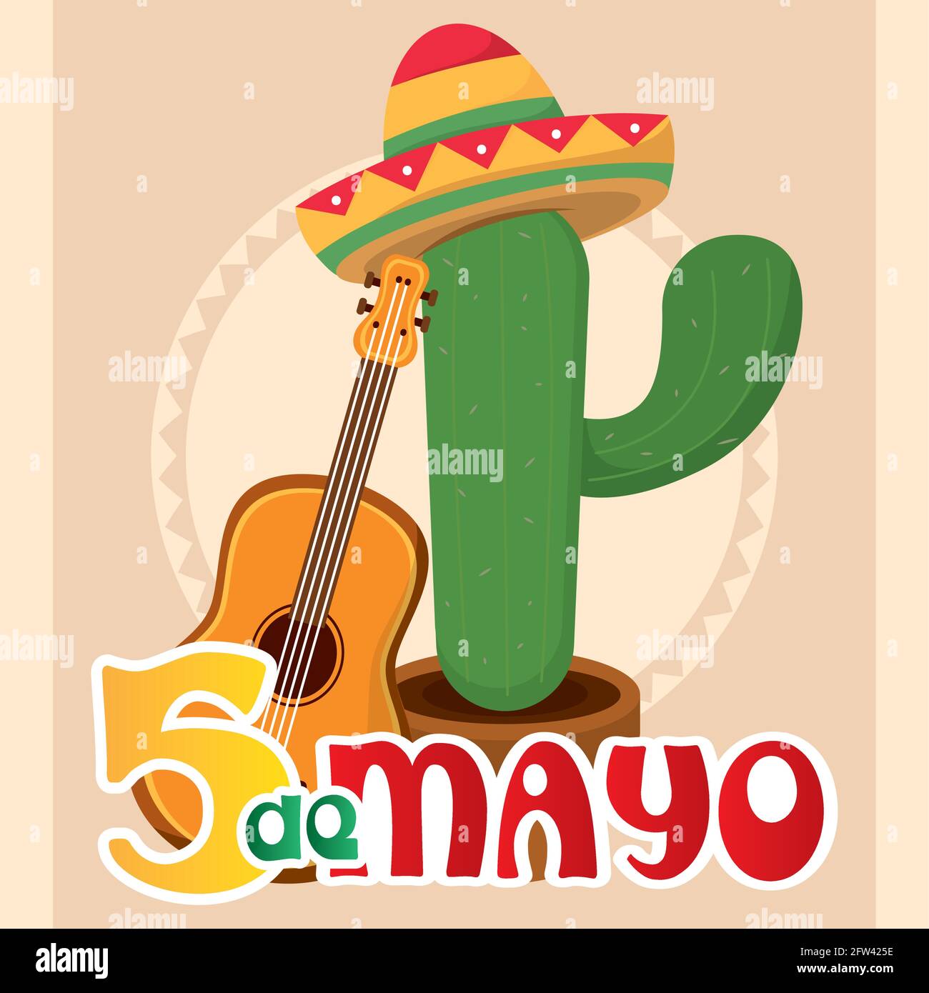 Poster Cinco de mayo con cappello messicano e chitarra Vettore Illustrazione Vettoriale