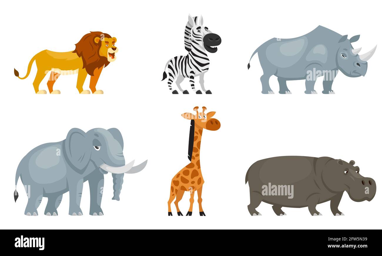 Set di animali africani vista tre quarti. Fauna selvatica abitanti in stile cartoon. Illustrazione Vettoriale