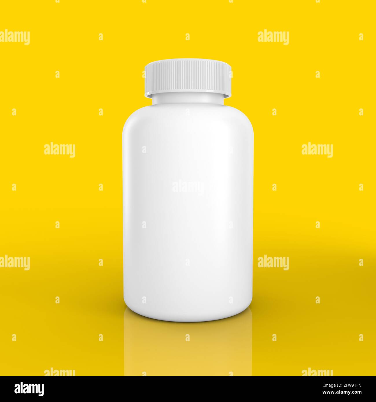 Flacone di pillola vuoto su sfondo giallo Mock Up Foto Stock