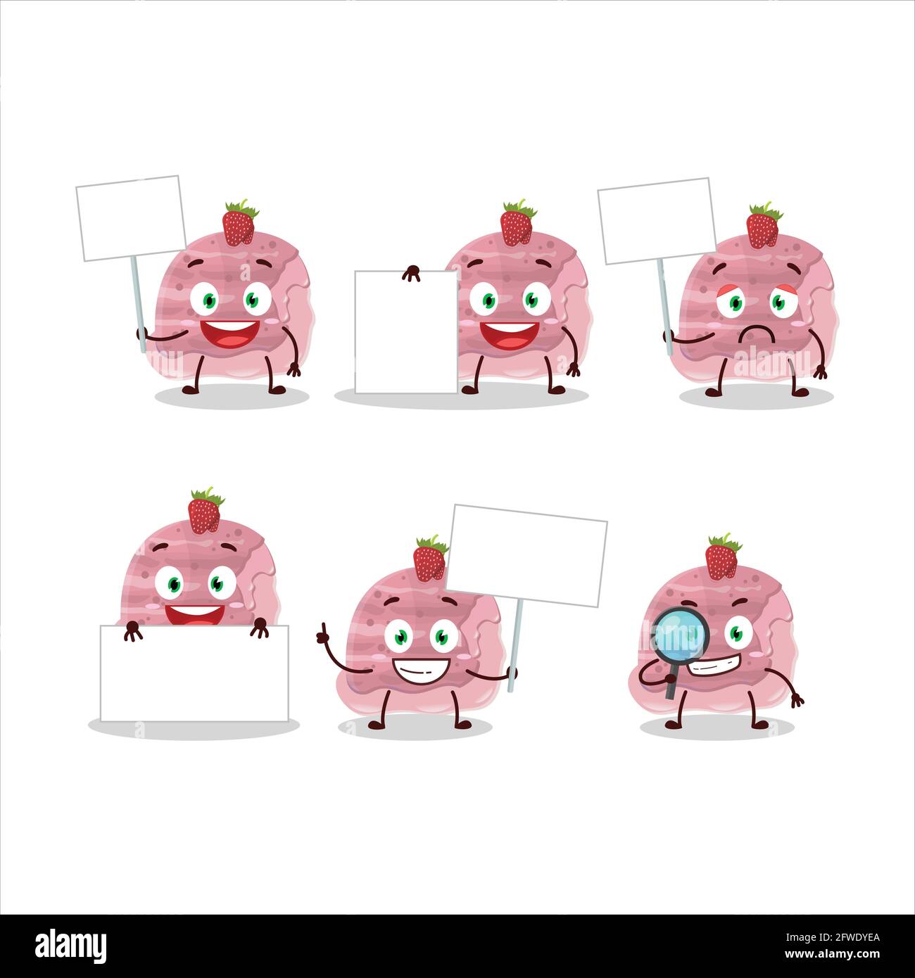 Gelato alla fragola scoops cartoon personaggio portare informazioni bordo. Illustrazione vettoriale Illustrazione Vettoriale