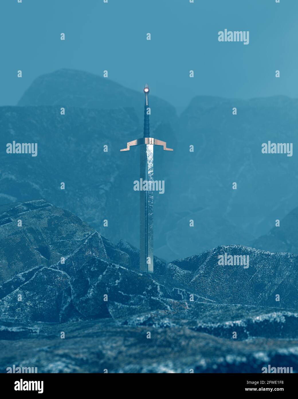 rendering 3d di una spada nella pietra con sfondo surreale. Foto Stock