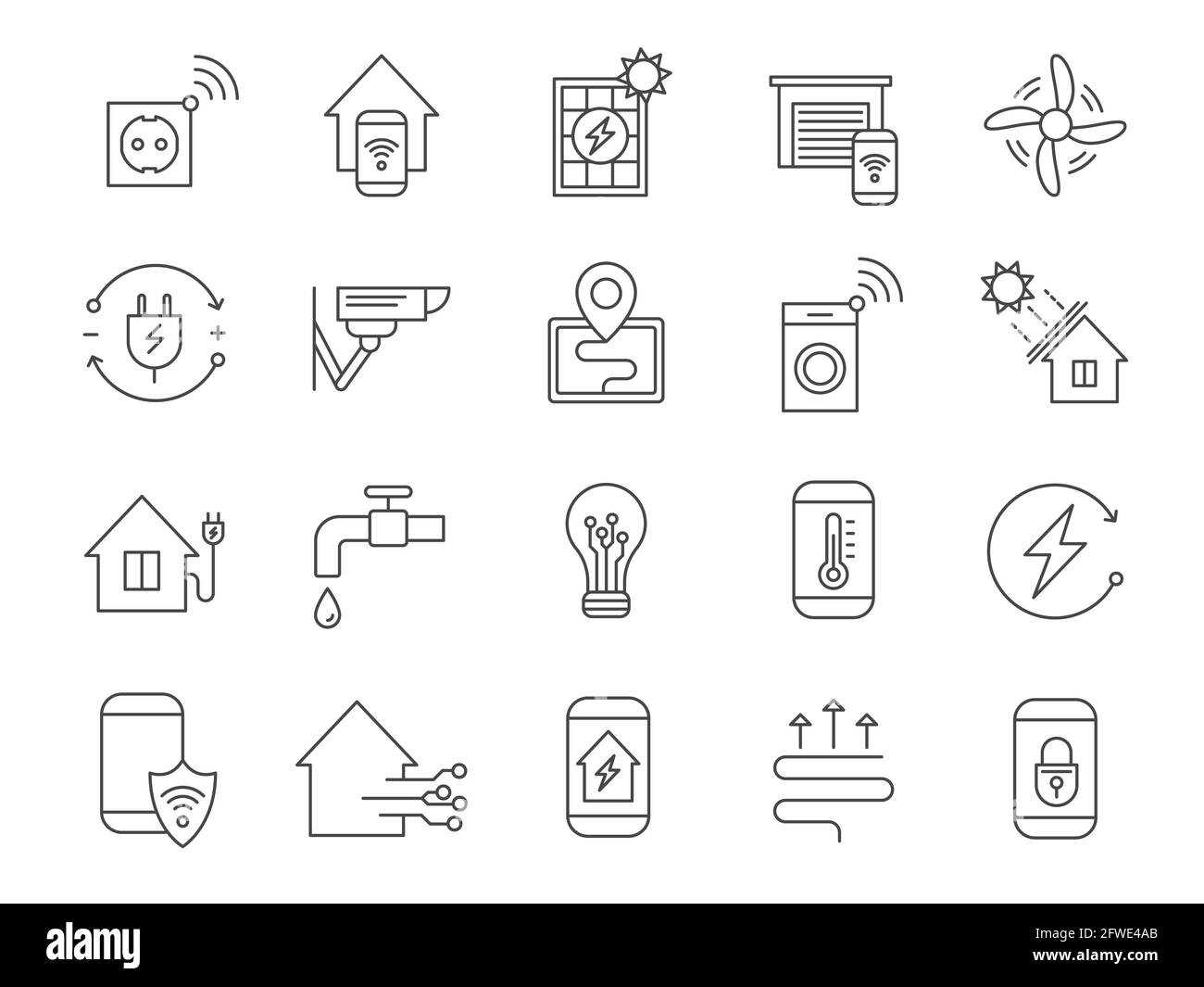 Icone del sistema Smart House. Rete domestica, tecnologia Internet di automazione wifi per sicurezza, luce, termostato termico ed elettricità, set vettoriale Illustrazione Vettoriale