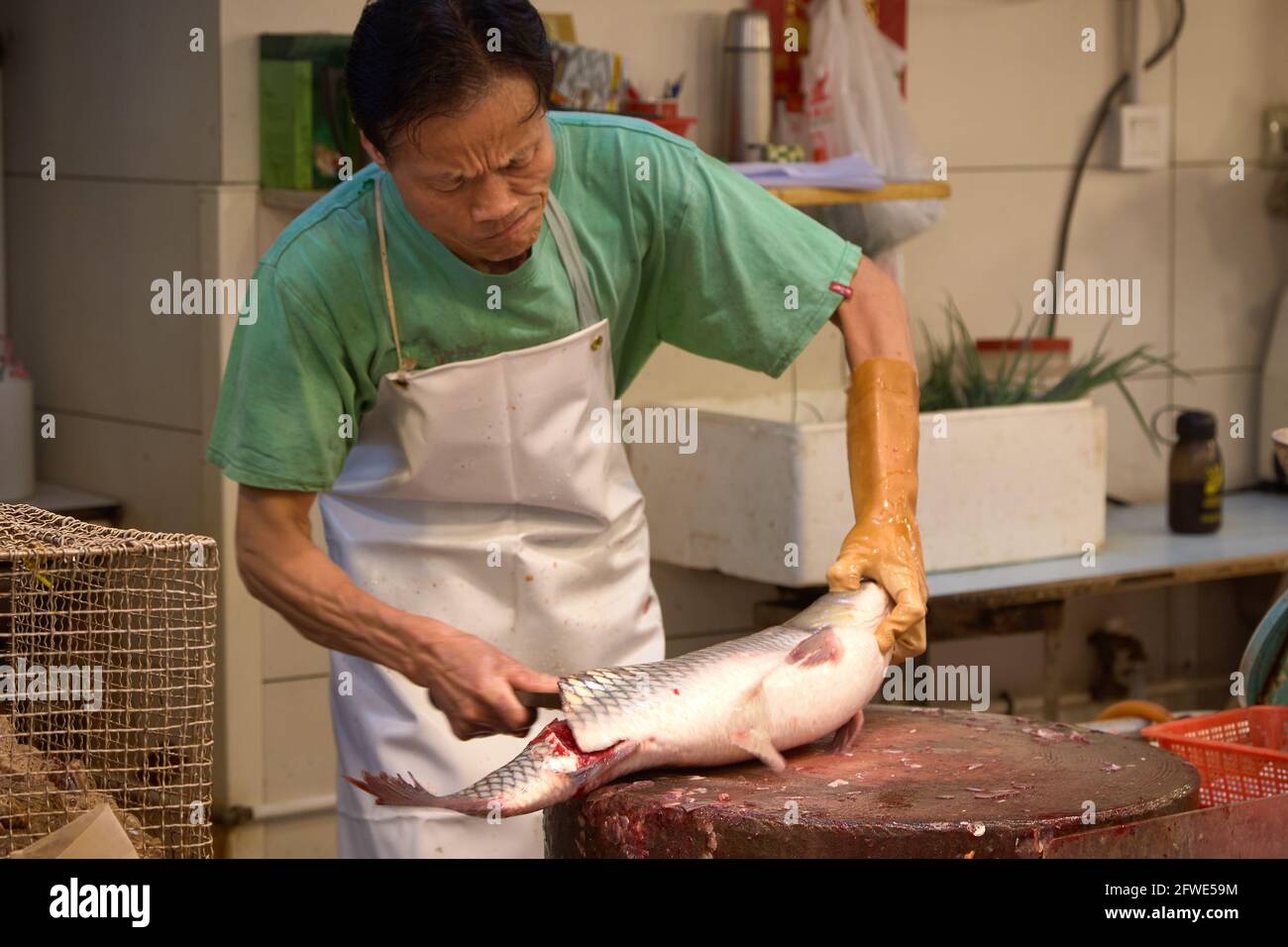 Un pescivendolo pulisce e prepara una carpa di erba fresca per il suo banco vendita nel suo chiosco al mercato Tai Yuen di Hong Kong. Foto Stock