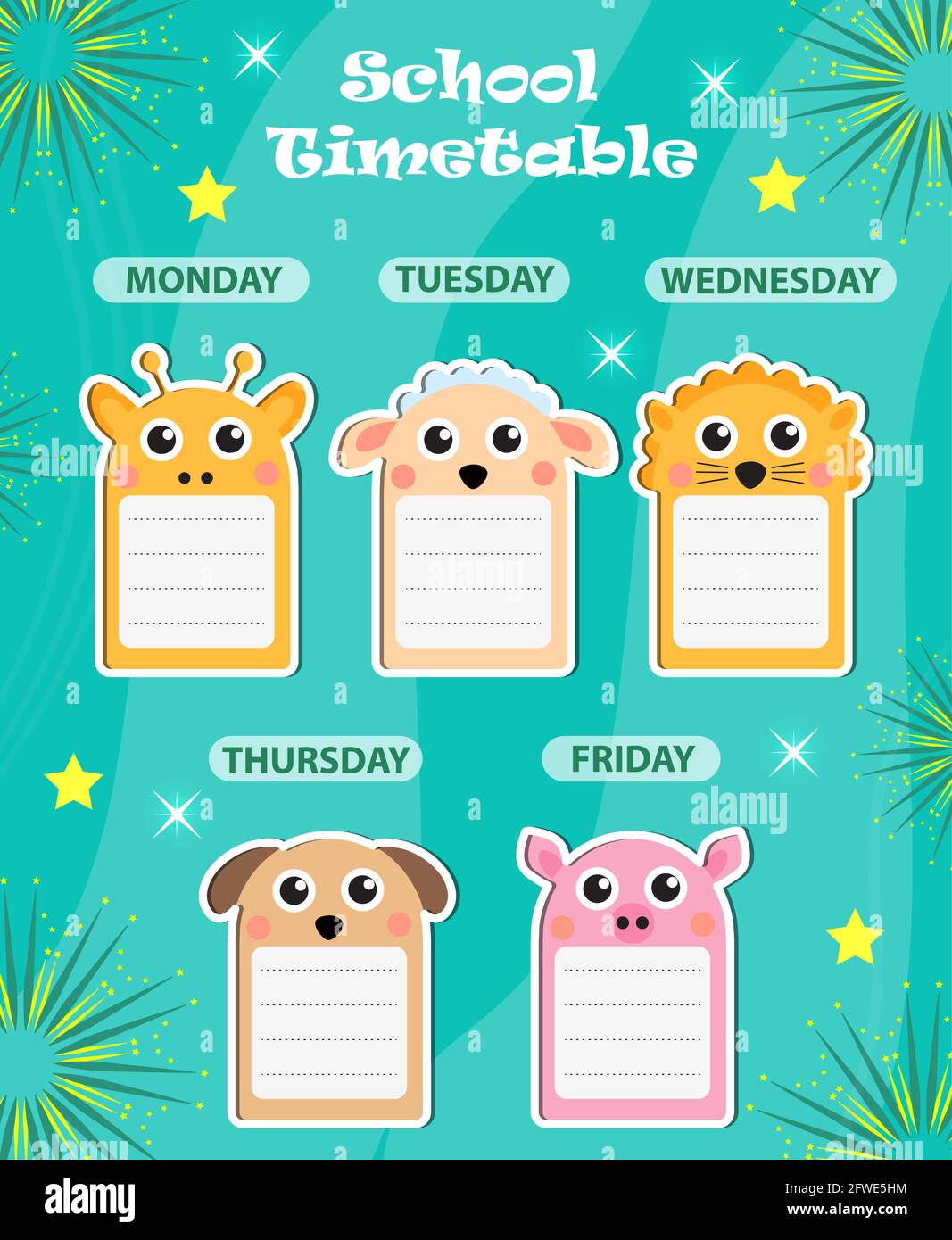 Modello settimanale di orario scolastico con elementi di design carino. Pianificatore settimanale per bambini. Illustrazione vettoriale Illustrazione Vettoriale