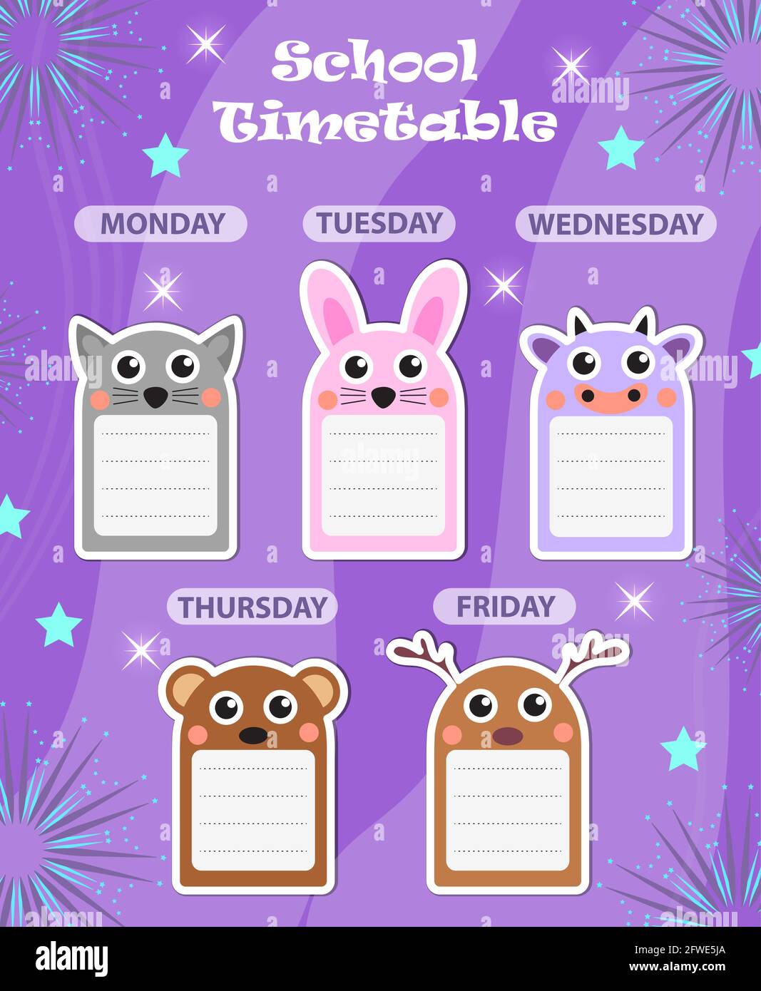 Modello settimanale di orario scolastico con elementi di design carino. Pianificatore settimanale per bambini. Illustrazione vettoriale Illustrazione Vettoriale
