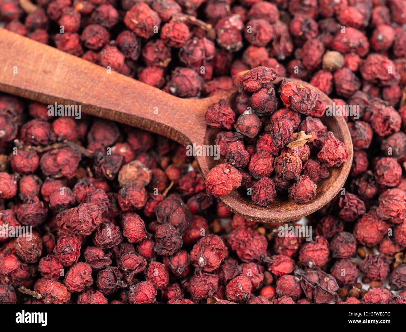 cucchiaio di legno su pila di frutti di bosco di magnolia secchi (Semi di Schisandra chinensis) closeup Foto Stock