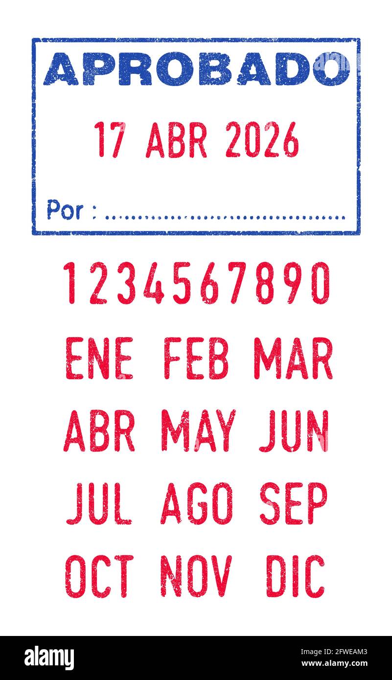 Illustrazione vettoriale della parola spagnola Aprobado (approvato) timbro e date modificabili (giorno, mese e anno) in stampini d'inchiostro Illustrazione Vettoriale