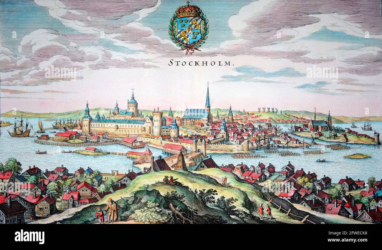 Un'affascinante, rara, originale incisione su piastra di rame di Stoccolma, Svezia, di Swiss Matthaeus Merian (1593-1650), incisore, incisore e commerciante di libri, Th Foto Stock