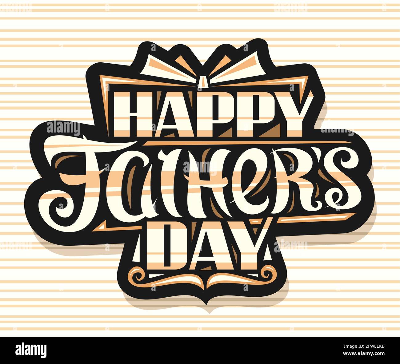 Logo vettoriale per il Father's Day, etichetta scura con illustrazione di scatola regalo decorativa e baffi marrone cartoon, poster con scritta a pennello unica per Illustrazione Vettoriale