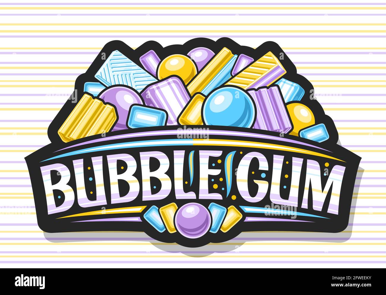 Logo vettoriale per Bubble Gum, cartellone decorativo scuro con illustrazione di varietà variopinti bubblegums e caramelle blu, badge con esclusivo pennello lette Illustrazione Vettoriale