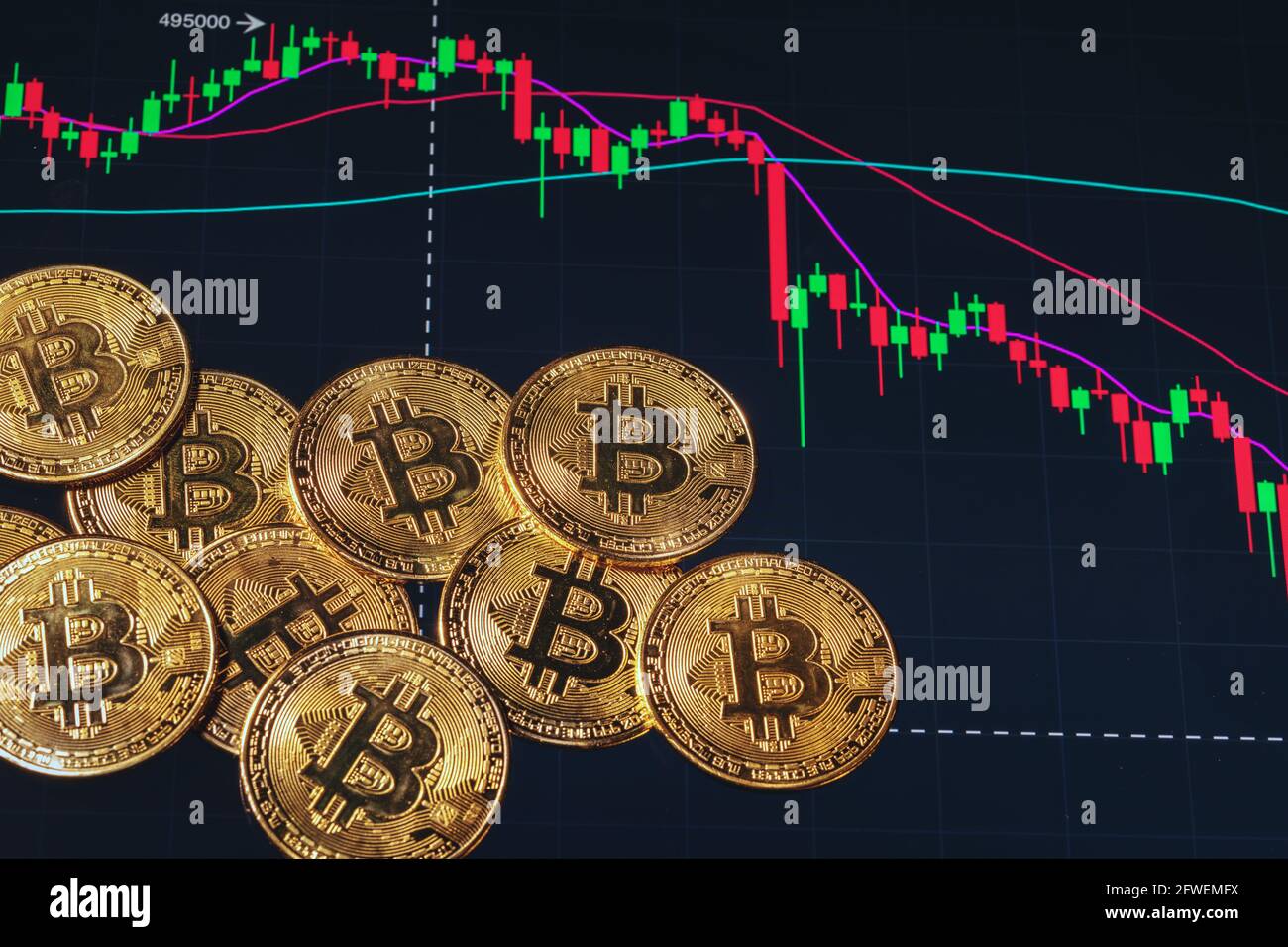 Bitcoin. Pericoli e rischi di investire a bitcoin, speculazione. Tendenza negativa. Indice nella zona rossa. Foto Stock