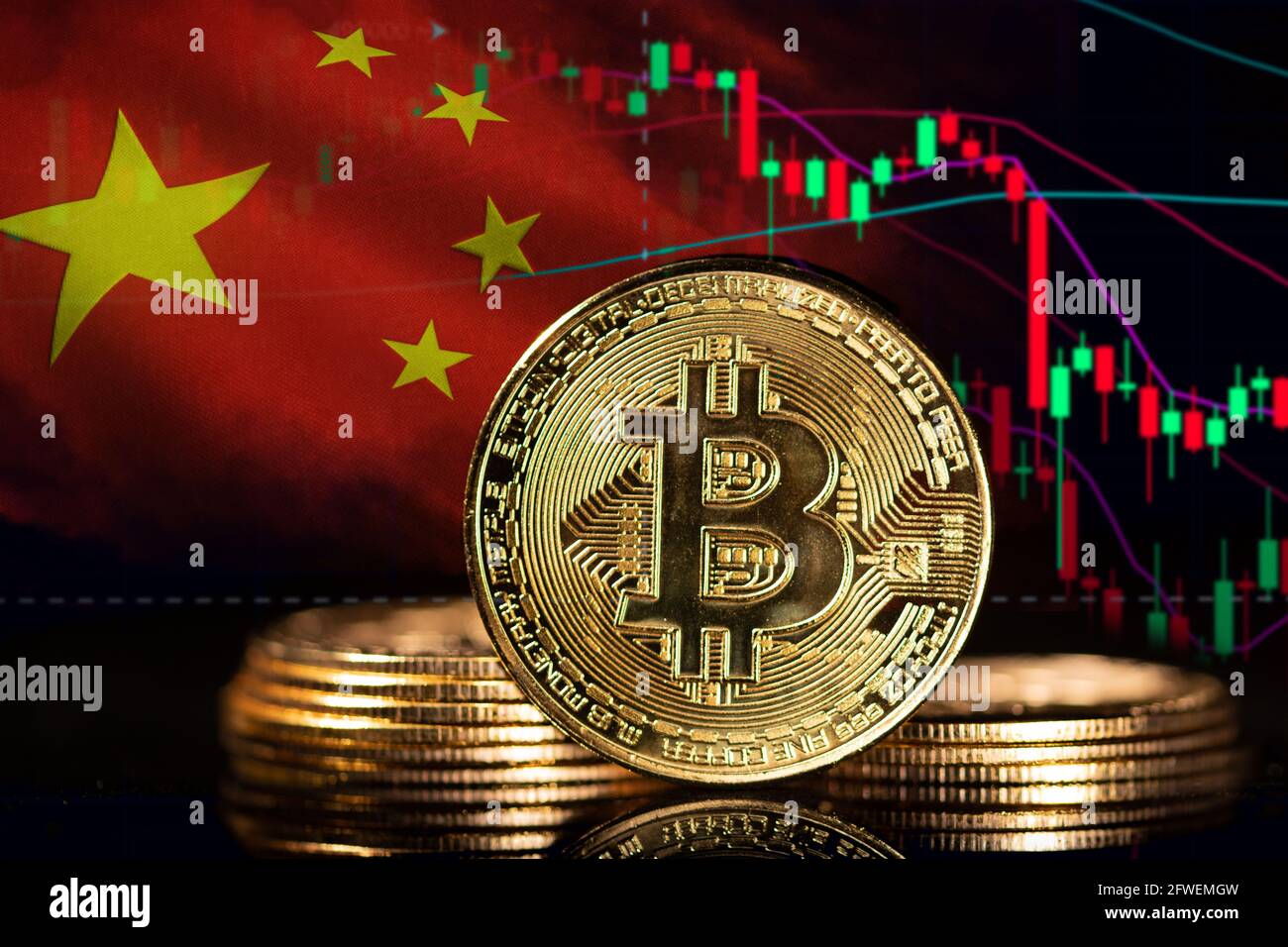 Bitcoin. Pericoli e rischi di investire a bitcoin, speculazione. Tendenza negativa. Indice nella zona rossa. Cina bandiera sfondo Foto Stock