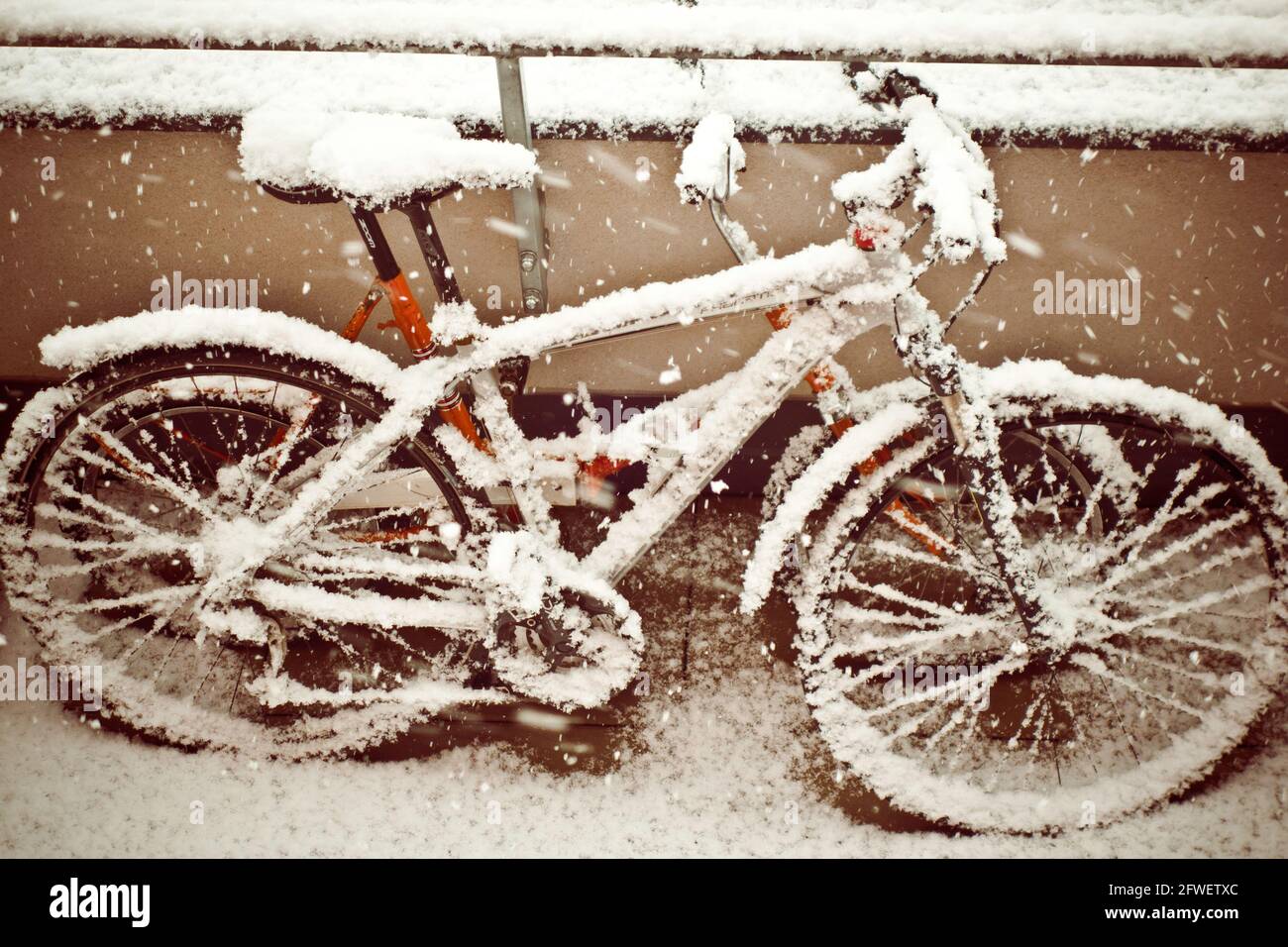 Biciclette coperto da neve Foto Stock