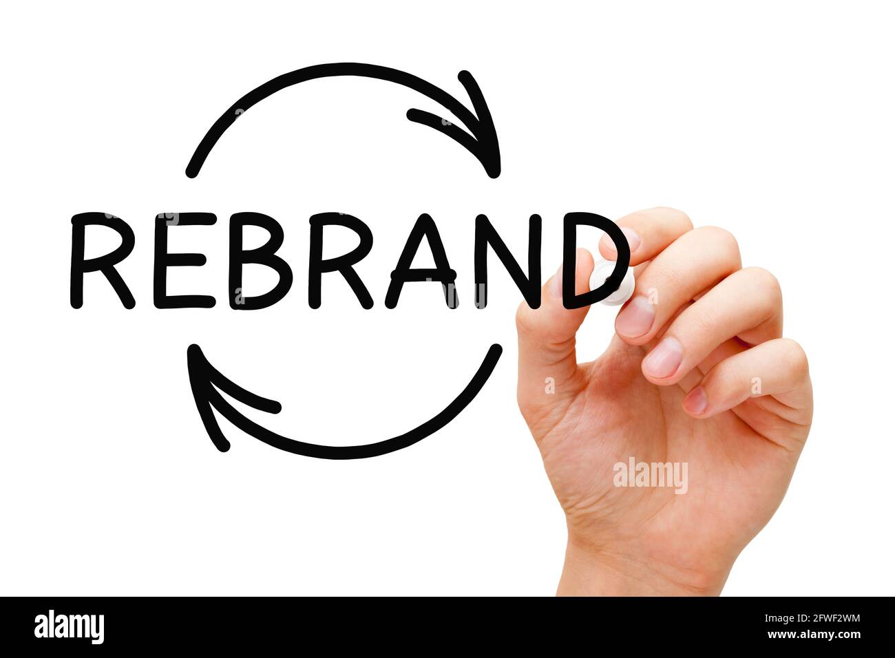Disegno a mano frecce di rebrand concetto di business con marcatore nero isolato su sfondo bianco. Foto Stock