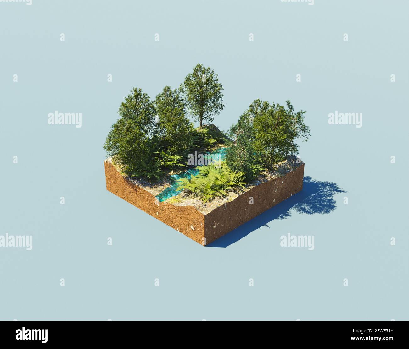 illustrazione isometrica di un piccolo angolo della natura con un fiume e alberi intorno. rendering 3d Foto Stock