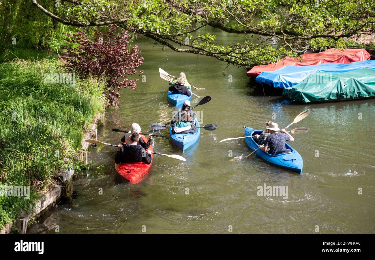 22 maggio 2021, Brandeburgo, Lübbenau: Le barche a pale navigano su un fiume (braccio d'acqua) nello Spreewald. Foto: Christophe Gateau/dpa Foto Stock