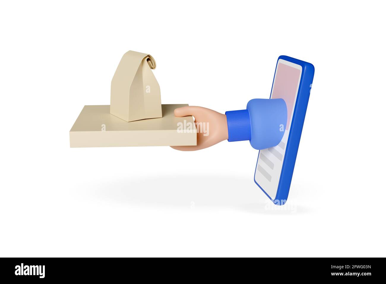 Mano con la scatola della pizza che sporge da uno schermo del telefono cellulare isolato su sfondo bianco. Stile cartone animato. illustrazione 3d. Foto Stock