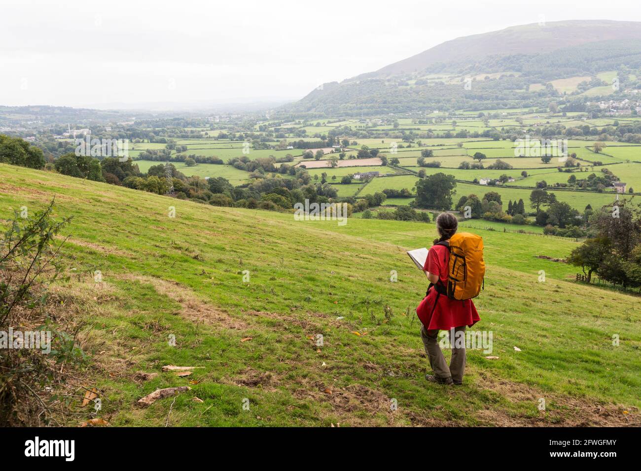 Escursionista sulle pendici inferiori del Pan di zucchero guardando verso Abergavenny utilizzando la mappa per navigare, Galles, Regno Unito Foto Stock